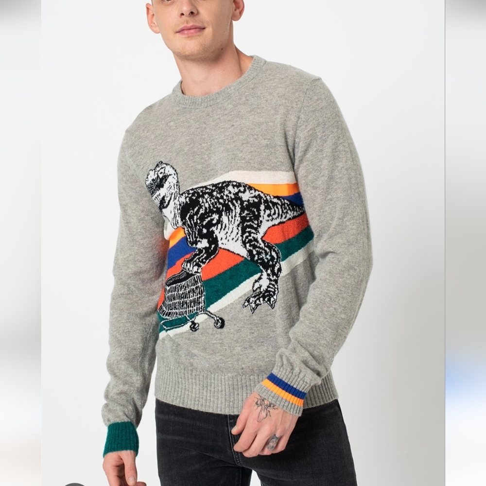 Diesel Novelty Print Dinosaur Pushing Shopping Cart Striped Crewneck Sweater